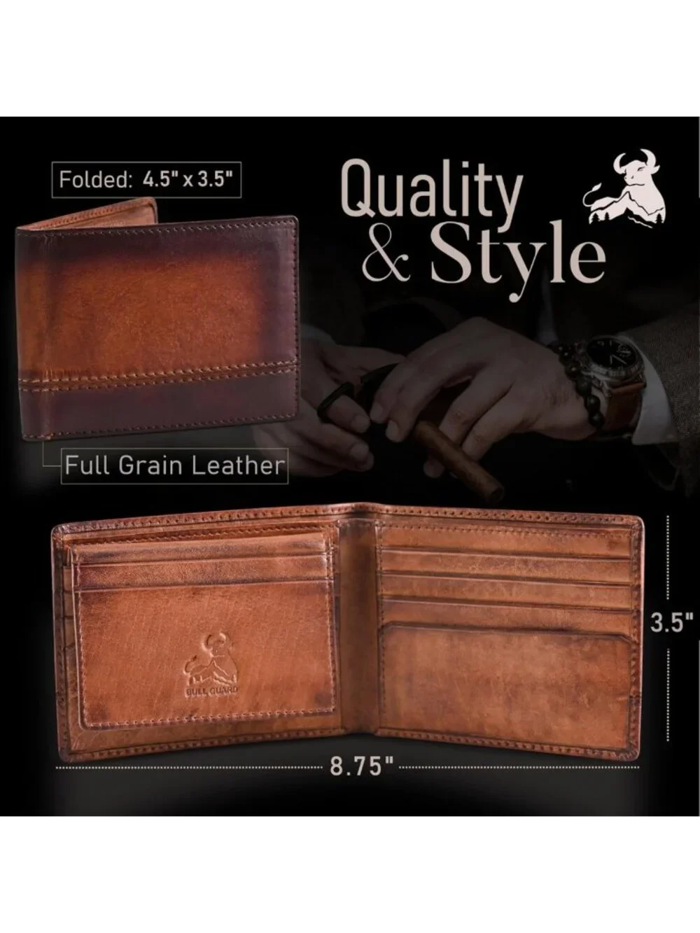 Cognac Brown Leather Bifold Wallet for Men | RFID Blocking & Removable ID Holder